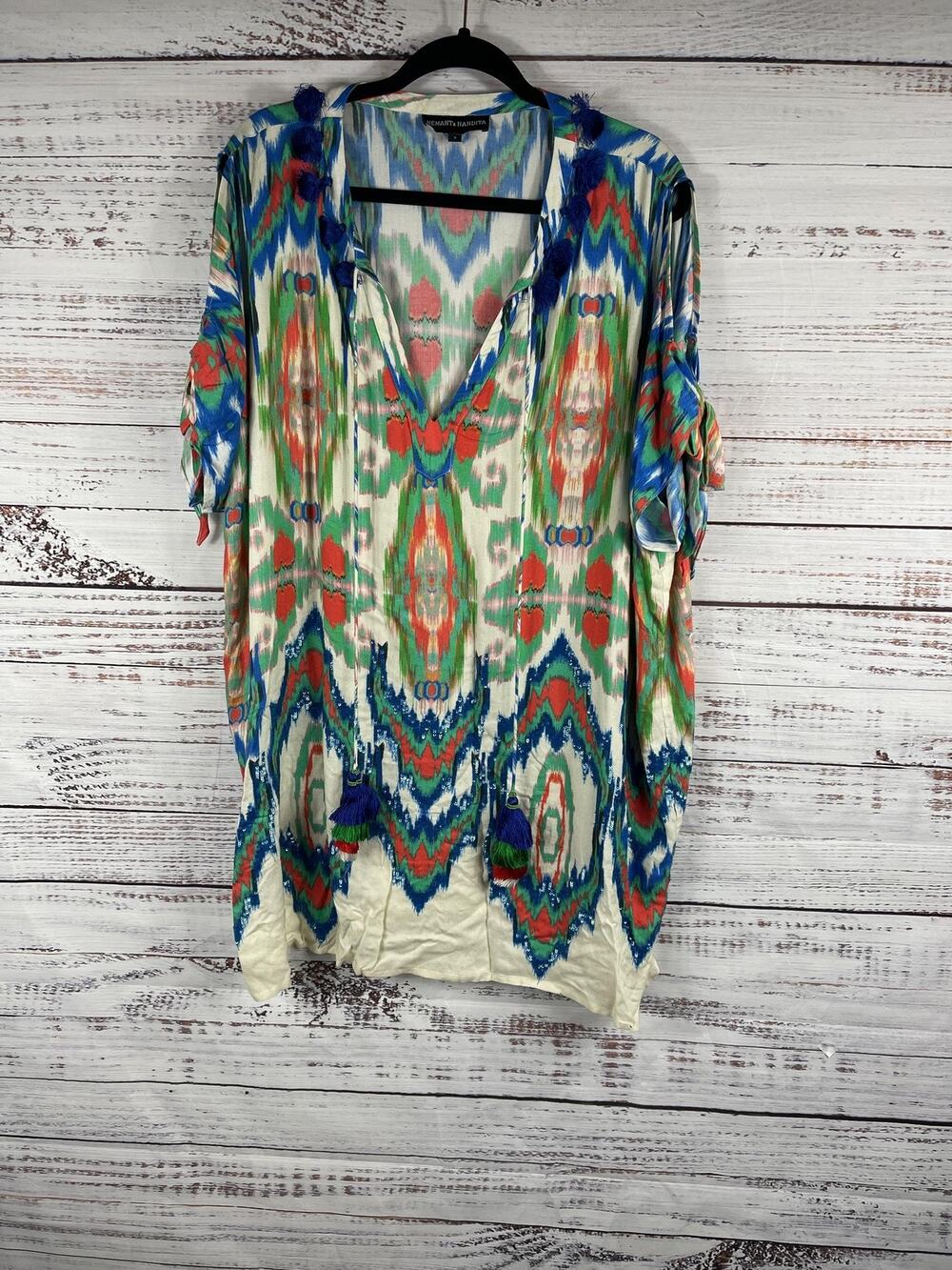 Hemant & Nandita Tunic Women's Size S Multicolor Ikat Tassel Sequin V Neck Boho